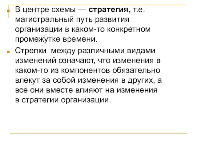 В центре схемы — стратегия, т.е. магистральный путь развития организации в каком-то конкретном