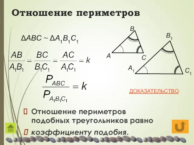 Отношение периметров Отношение периметров подобных треугольников равно коэффициенту подобия. ΔAΒC ~ ΔA1Β1C1 ДОКАЗАТЕЛЬСТВО