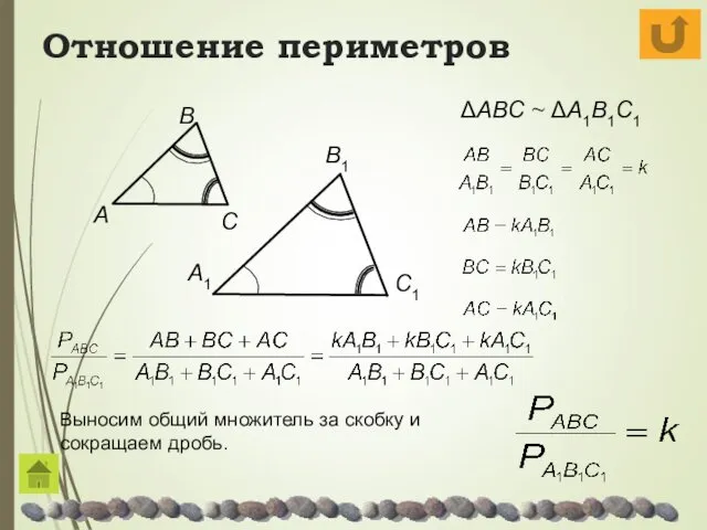 Отношение периметров Выносим общий множитель за скобку и сокращаем дробь.