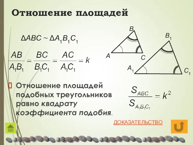 Отношение площадей Отношение площадей подобных треугольников равно квадрату коэффициента подобия. ΔAΒC ~ ΔA1Β1C1 ДОКАЗАТЕЛЬСТВО