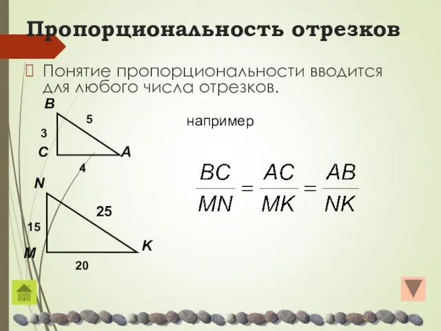 Пропорциональность отрезков Понятие пропорциональности вводится для любого числа отрезков. например