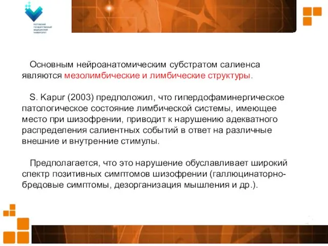 Основным нейроанатомическим субстратом салиенса являются мезолимбические и лимбические структуры. S.