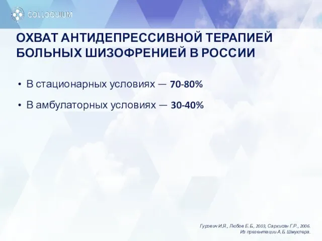 ОХВАТ АНТИДЕПРЕССИВНОЙ ТЕРАПИЕЙ БОЛЬНЫХ ШИЗОФРЕНИЕЙ В РОССИИ В стационарных условиях