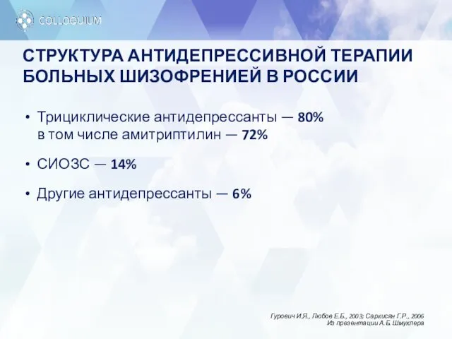 СТРУКТУРА АНТИДЕПРЕССИВНОЙ ТЕРАПИИ БОЛЬНЫХ ШИЗОФРЕНИЕЙ В РОССИИ Трициклические антидепрессанты —