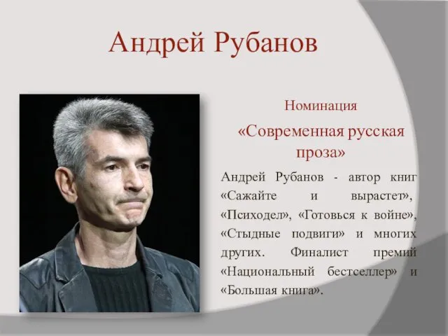 Андрей Рубанов Номинация «Современная русская проза» Андрей Рубанов - автор
