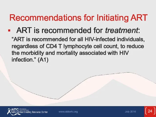 Recommendations for Initiating ART ART is recommended for treatment: “ART