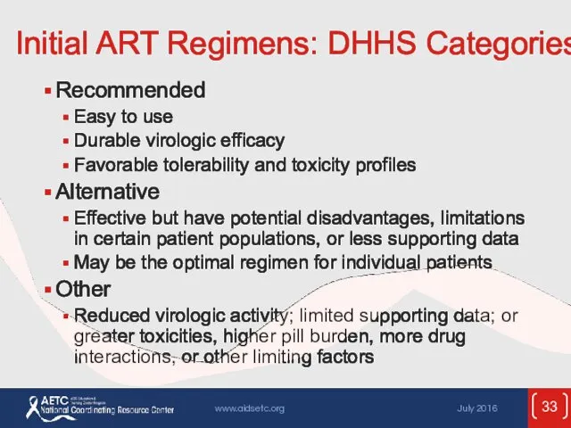 Initial ART Regimens: DHHS Categories Recommended Easy to use Durable