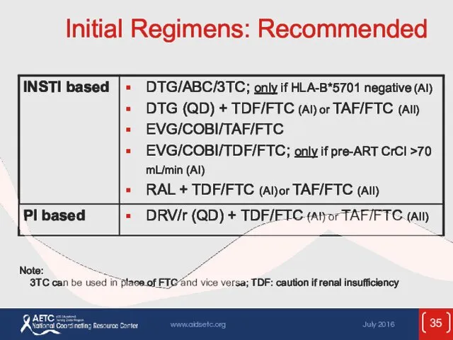 Initial Regimens: Recommended Note: 3TC can be used in place