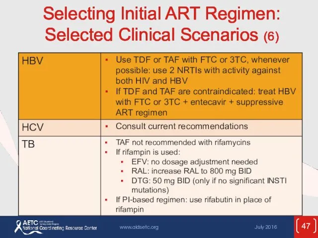 Selecting Initial ART Regimen: Selected Clinical Scenarios (6)