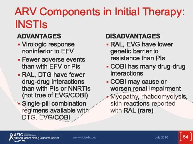 ARV Components in Initial Therapy: INSTIs ADVANTAGES Virologic response noninferior