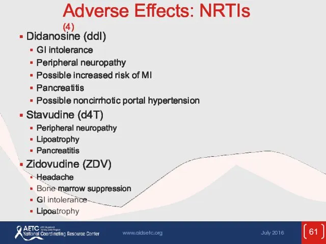 Adverse Effects: NRTIs (4) Didanosine (ddI) GI intolerance Peripheral neuropathy