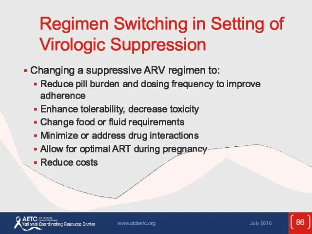 Regimen Switching in Setting of Virologic Suppression Changing a suppressive