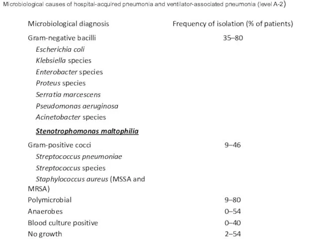 Microbiological causes of hospital-acquired pneumonia and ventilator-associated pneumonia (level A-2)