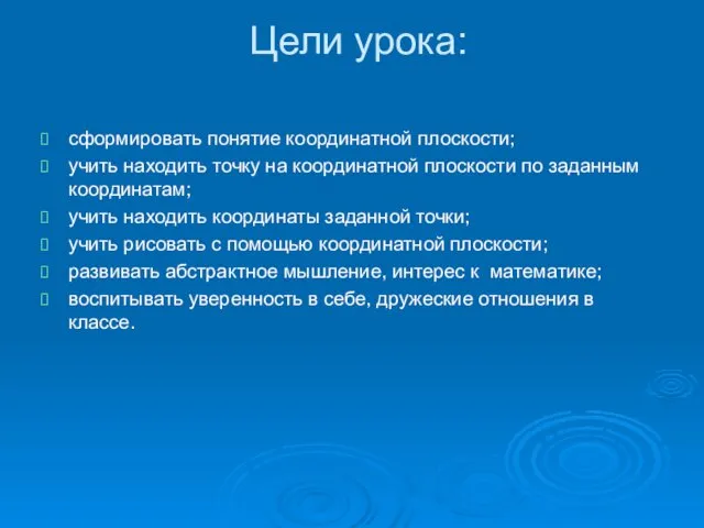 Цели урока: сформировать понятие координатной плоскости; учить находить точку на