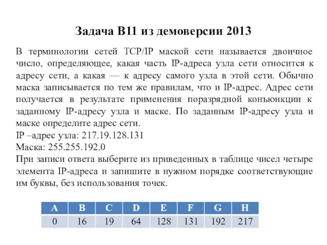 Задача B11 из демоверсии 2013 В терминологии сетей TCP/IP маской сети называется двоичное