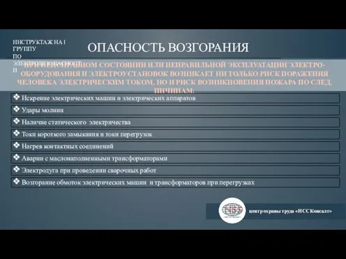 центр охраны труда «НСС Консалт» ИНСТРУКТАЖ НА I ГРУППУ ПО ЭЛЕКТРОБЕЗОПАСНОСТИ ОПАСНОСТЬ ВОЗГОРАНИЯ