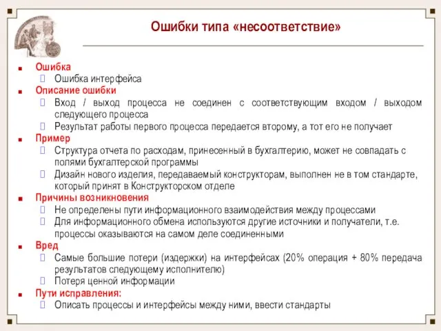 Ошибки типа «несоответствие» Ошибка Ошибка интерфейса Описание ошибки Вход / выход процесса не