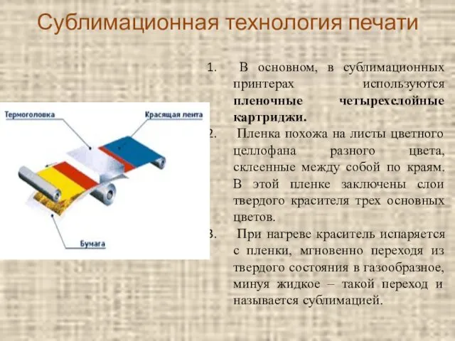 Сублимационная технология печати В основном, в сублимационных принтерах используются пленочные четырехслойные картриджи. Пленка