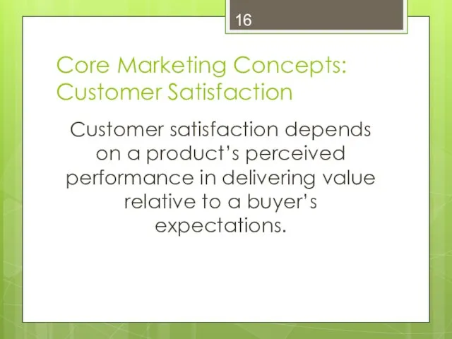 Core Marketing Concepts: Customer Satisfaction Customer satisfaction depends on a product’s perceived performance