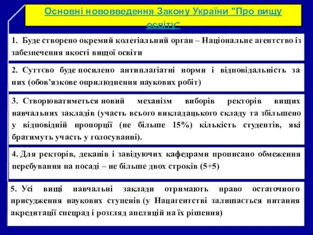Основні нововведення Закону України "Про вищу освіту" 1. Буде створено