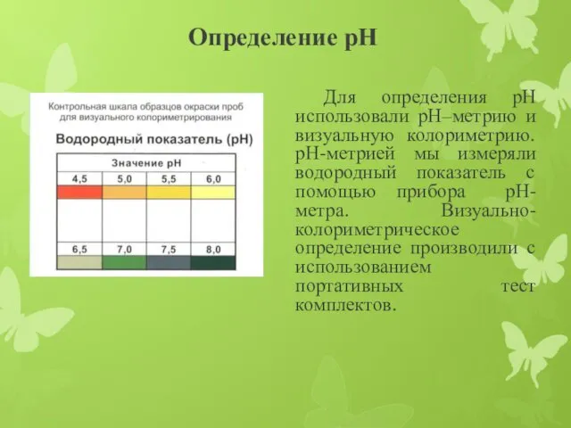 Определение pH Для определения pH использовали pH–метрию и визуальную колориметрию. pH-метрией мы измеряли