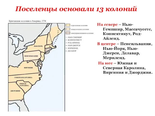 Поселенцы основали 13 колоний На севере – Нью-Гемпшир, Массачусетс, Коннектикут, Род-Айленд. В центре