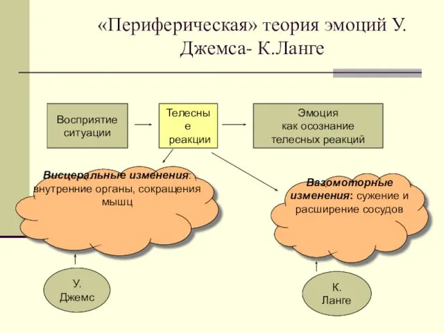 «Периферическая» теория эмоций У.Джемса- К.Ланге Восприятие ситуации Телесные реакции Эмоция