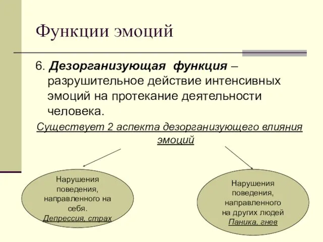 Функции эмоций 6. Дезорганизующая функция – разрушительное действие интенсивных эмоций