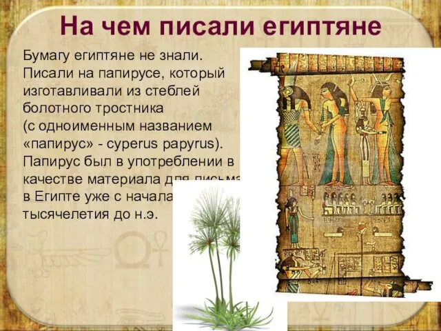 На чем писали египтяне Бумагу египтяне не знали. Писали на папирусе, который изготавливали