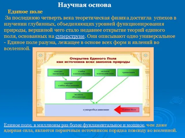 Научная основа Единое поле За последнюю четверть века теоретическая физика