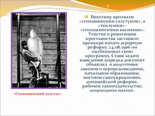 Виселицу прозвали «столыпинским галстуком», а«теплушки»- «столыпинскими вагонами».Участие в революции крестьянства