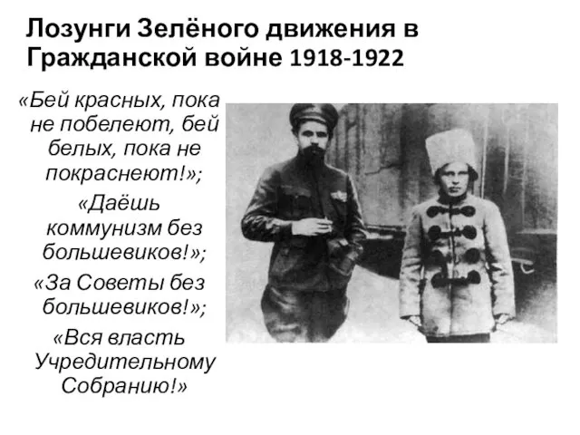 Лозунги Зелёного движения в Гражданской войне 1918-1922 «Бей красных, пока