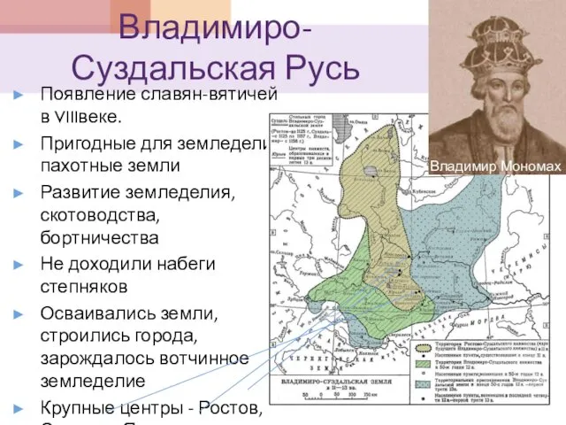 Владимиро-Суздальская Русь Появление славян-вятичей в VIIIвеке. Пригодные для земледелия пахотные