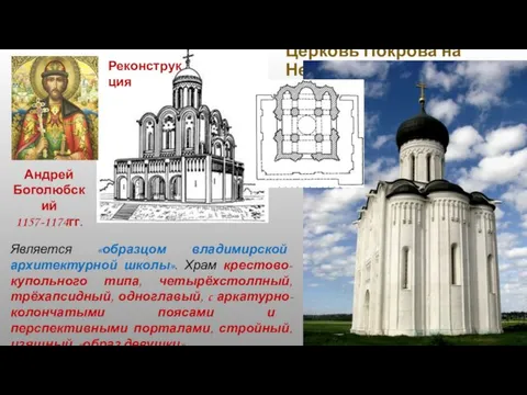 Церковь Покрова на Нерли 1165 г. Реконструкция Является «образцом владимирской