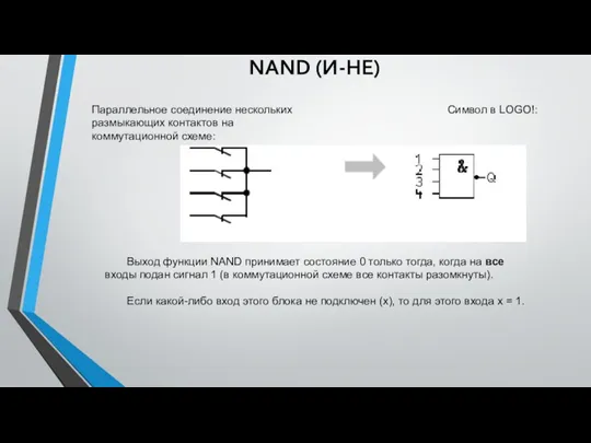 NAND (И-НЕ) Параллельное соединение нескольких размыкающих контактов на коммутационной схеме: