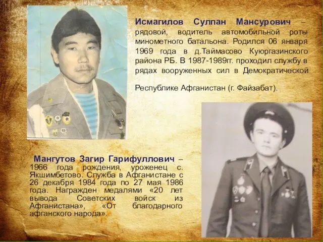 Исмагилов Сулпан Мансурович – рядовой, водитель автомобильной роты минометного батальона.