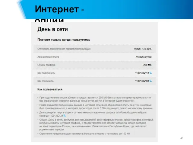 Интернет - опции