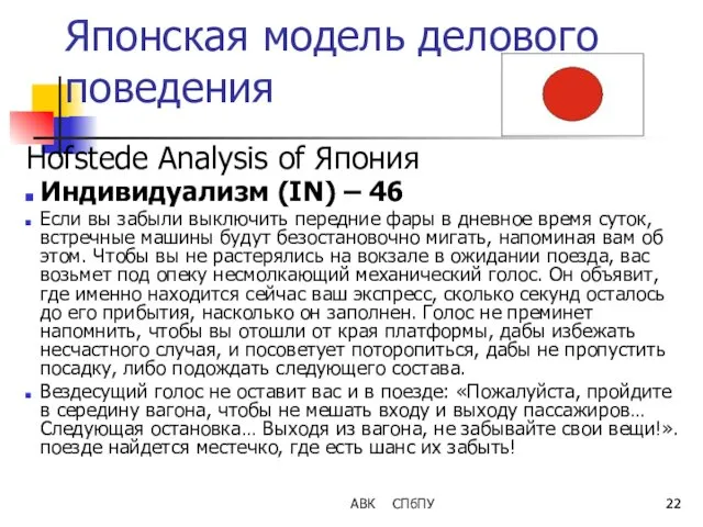 Японская модель делового поведения Hofstede Analysis of Япония Индивидуализм (IN)