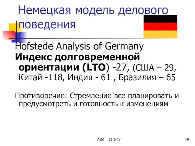 АВК СПбПУ Немецкая модель делового поведения Hofstede Analysis of Germany