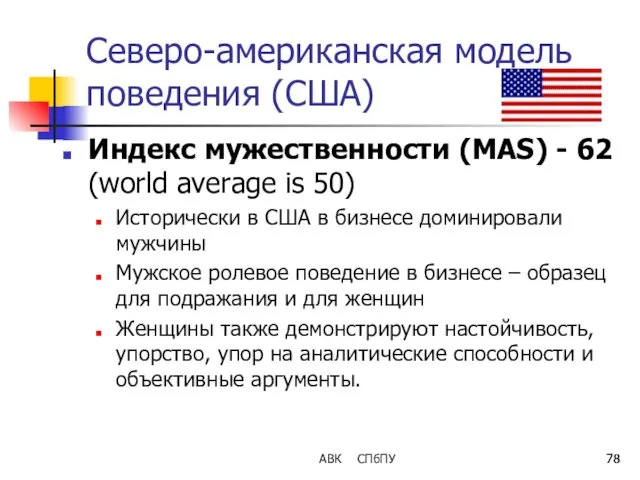 АВК СПбПУ Северо-американская модель поведения (США) Индекс мужественности (MAS) -