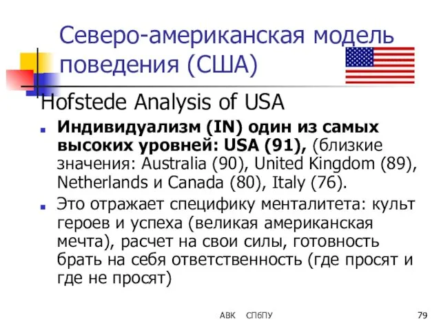 АВК СПбПУ Северо-американская модель поведения (США) Hofstede Analysis of USA
