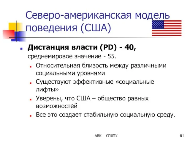 АВК СПбПУ Северо-американская модель поведения (США) Дистанция власти (PD) -