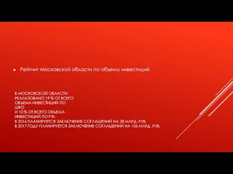 В МОСКОВСКОЙ ОБЛАСТИ РЕАЛИЗОВАНО 19 % ОТ ВСЕГО ОБЪЕМА ИНВЕСТИЦИЙ