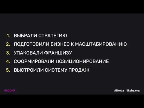 ВЫБРАЛИ СТРАТЕГИЮ ПОДГОТОВИЛИ БИЗНЕС К МАСШТАБИРОВАНИЮ УПАКОВАЛИ ФРАНШИЗУ СФОРМИРОВАЛИ ПОЗИЦИОНИРОВАНИЕ ВЫСТРОИЛИ СИСТЕМУ ПРОДАЖ