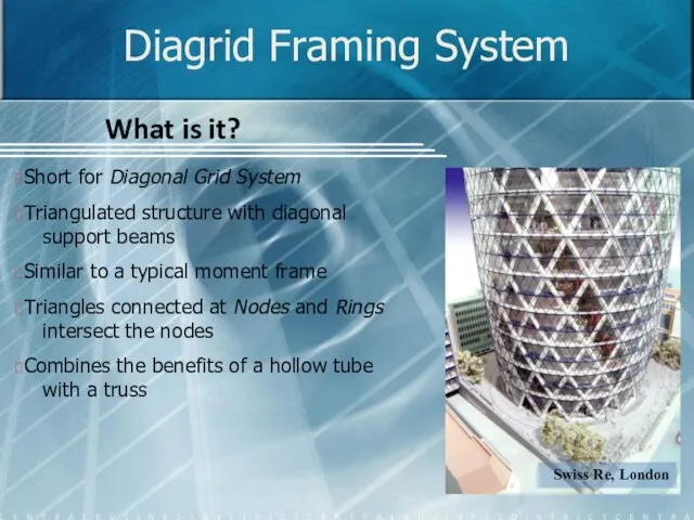 Diagrid Framing System What is it? Short for Diagonal Grid System Triangulated structure
