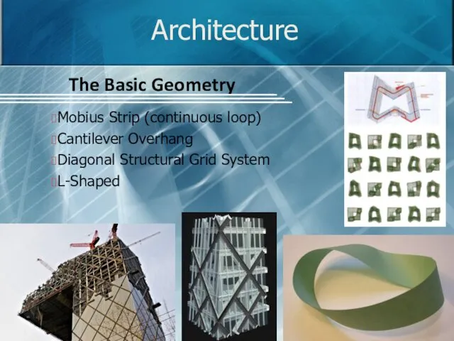 Architecture The Basic Geometry Mobius Strip (continuous loop) Cantilever Overhang Diagonal Structural Grid System L-Shaped