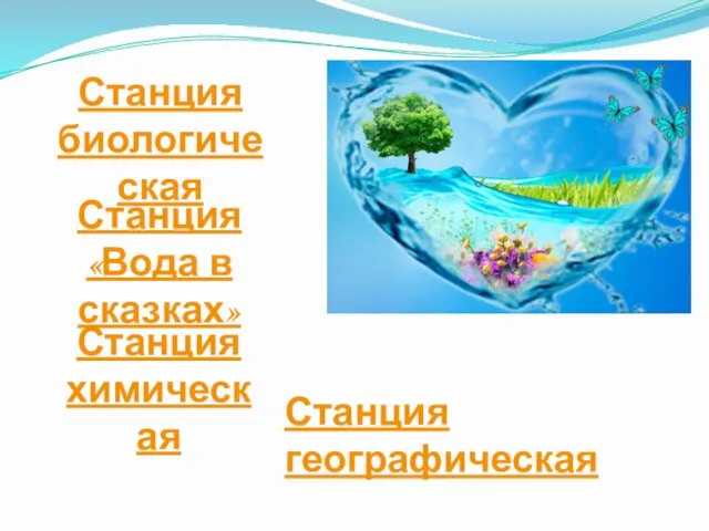 Станция биологическая Станция «Вода в сказках» Станция химическая Станция географическая