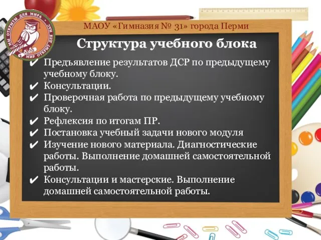Структура учебного блока МАОУ «Гимназия № 31» города Перми Предъявление