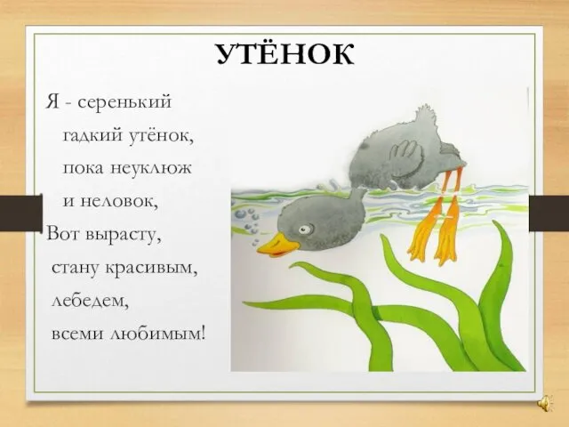 УТЁНОК Я - серенький гадкий утёнок, пока неуклюж и неловок,