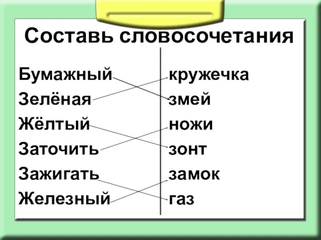 Составь словосочетания Бумажный Зелёная Жёлтый Заточить Зажигать Железный кружечка змей ножи зонт замок газ